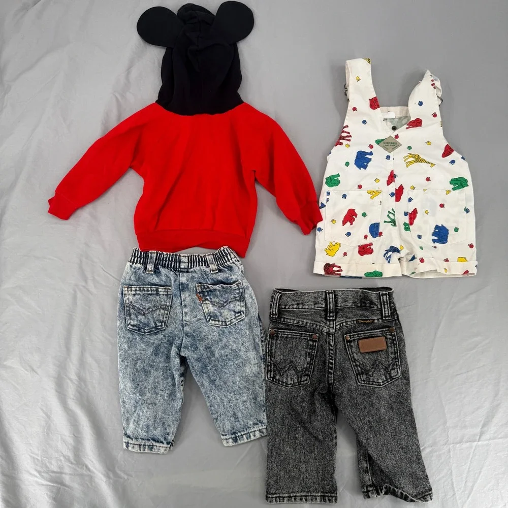 Vintage Toddler Boy Lot 12M Disney Mickey Mouse Hoodie Overalls Acid Wash Jeans